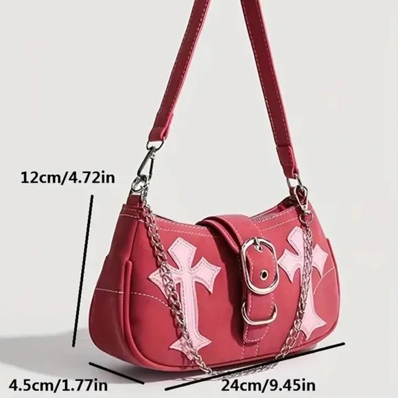 🆕 Y2K Style Satchel Handbag, Vegan Leather Bag -  Chain & Gothic Cross Accents - Picture 6 of 10